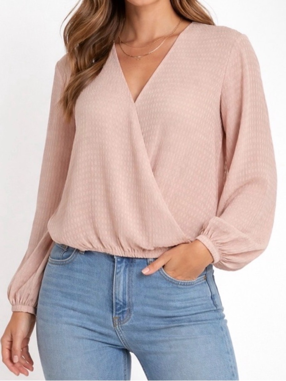 Vince Camuto Blush Pink Textured Surplice Blouse-size M Long Sleeve Elastic Hem